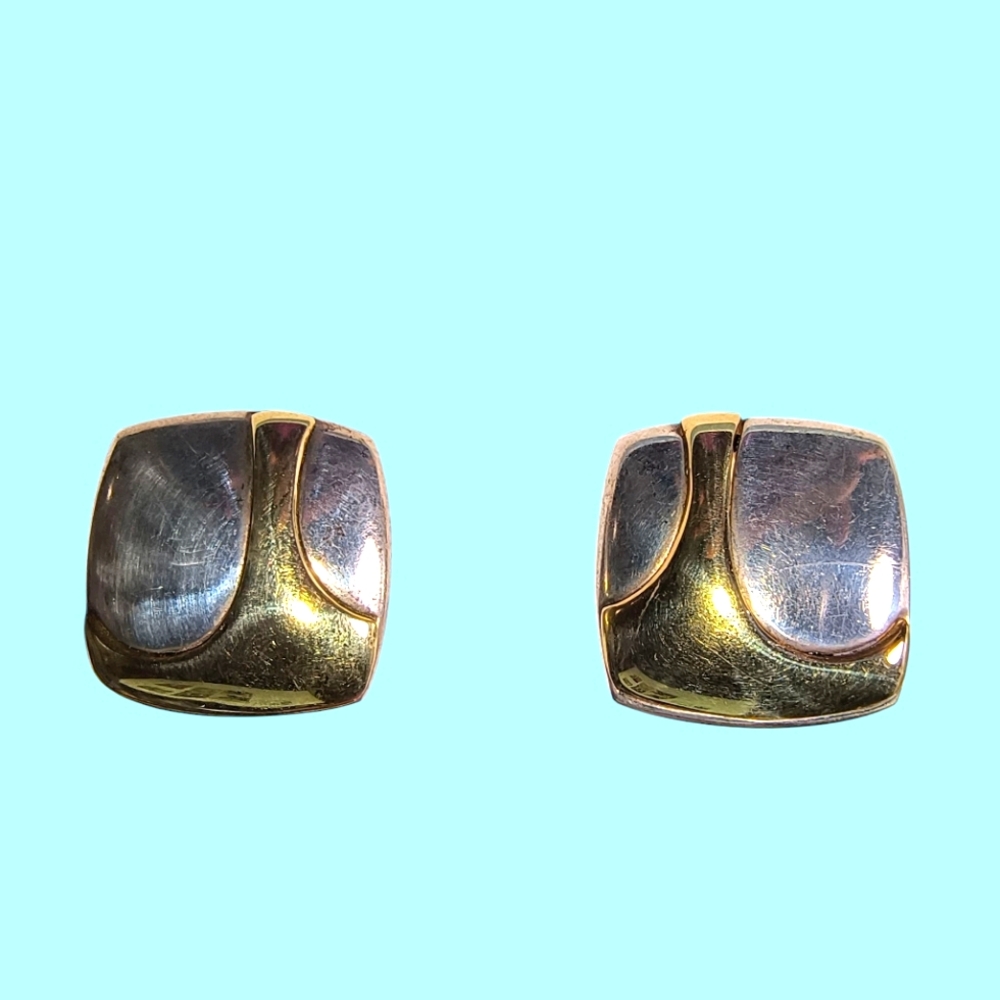 Vintage Estate 14K Gold & Sterling Silver Modernist Post Earrings